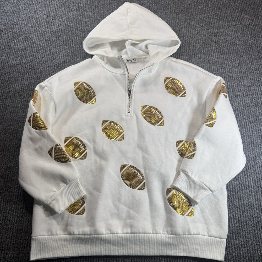 Why Dress Football Sweatshirt Womens Medium White Gold Sequin Hoodie Sports Fan